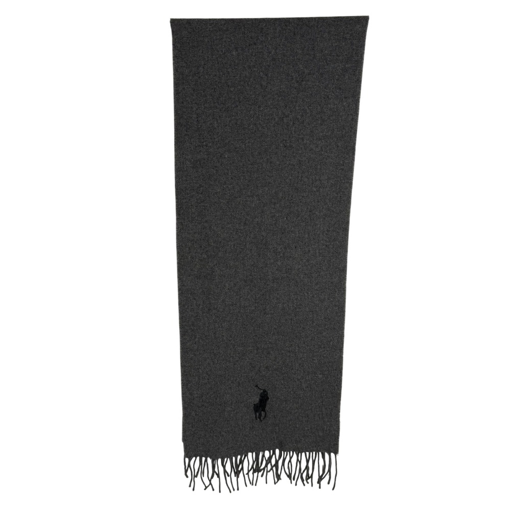 Polo Ralph Lauren Gray 100% Lambswool Scarf Made in Italy Fringe Pony Logo